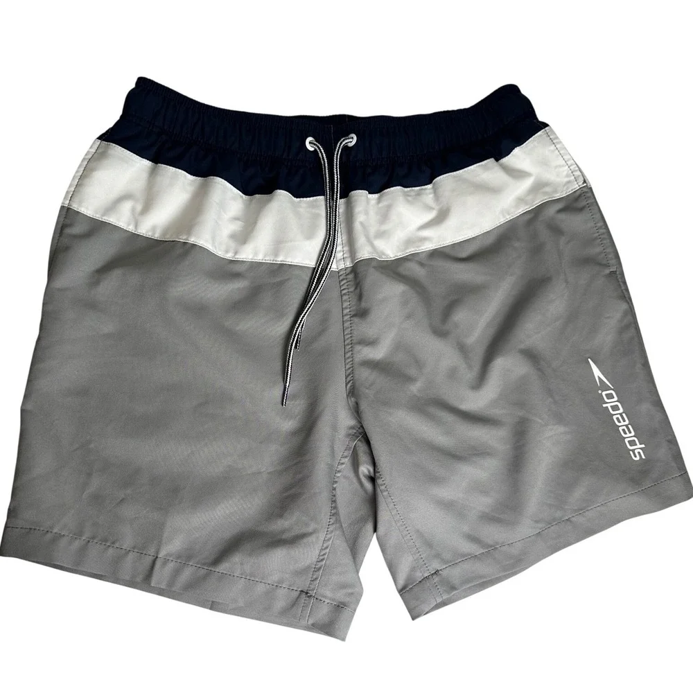 Speedo Swim Trunks Men Medium Grey Navy White Colorblock Mesh‎ Liner 7 Inch